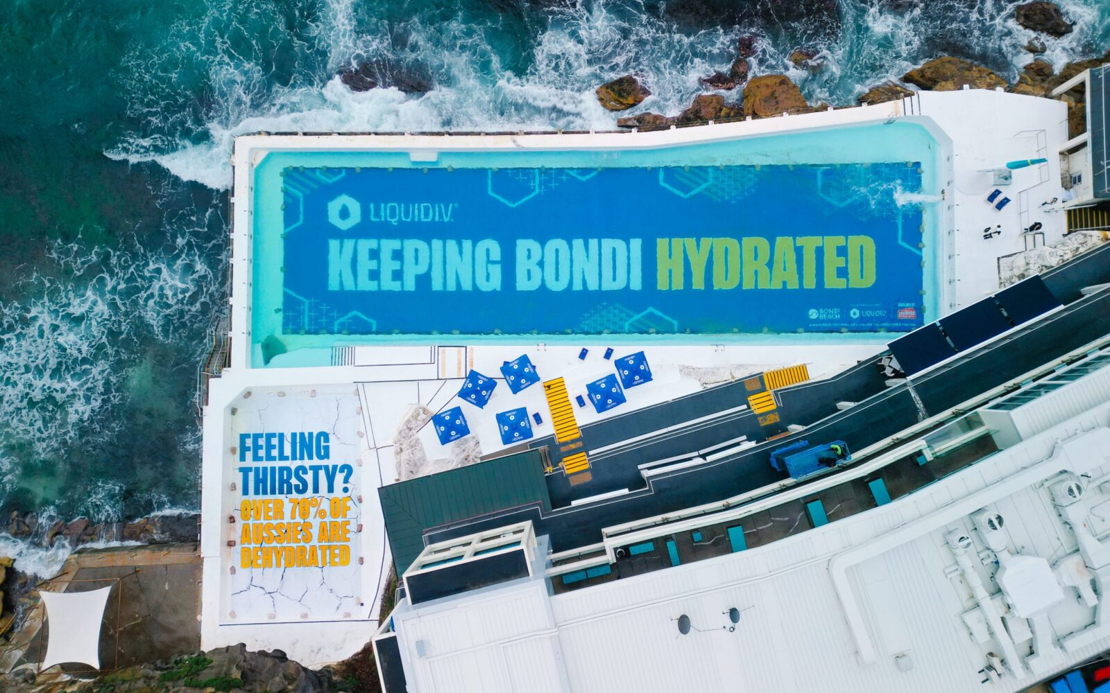 default A drone shot of a LiquidIV ad at the Bondi Beach Icebergs.